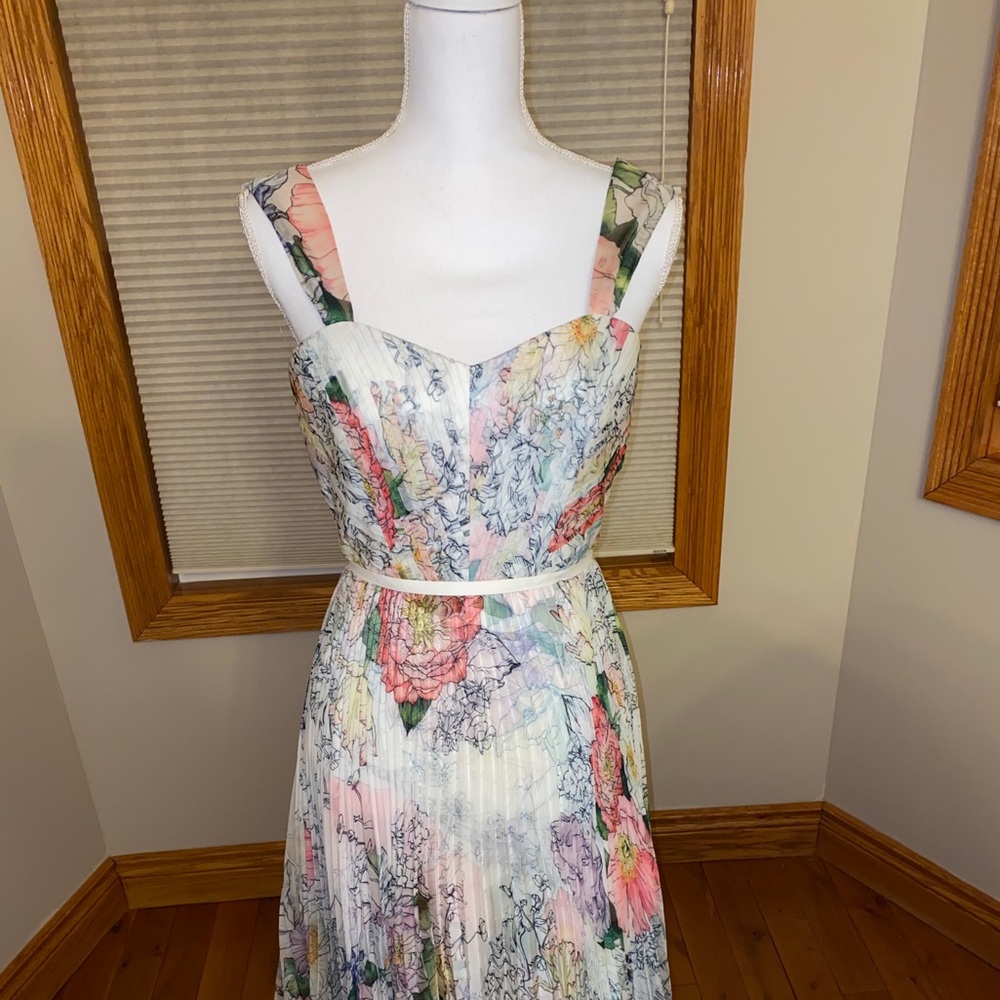 MARCHESA NOTTE Pleated Floral Dress